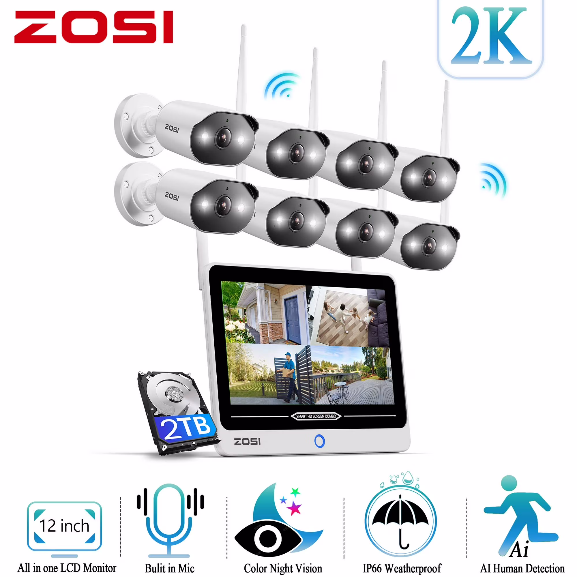 3MP WiFi Security Camera System with 12" LCD Monitor, ZOSI All in one Wireless Security Camera System